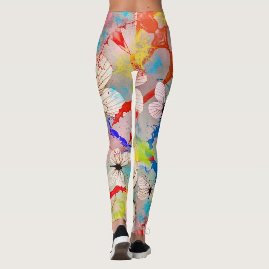 白い蝶のドリップとブラシストローク レギンス (裏面)