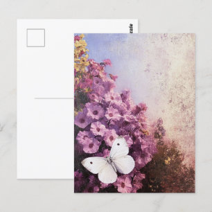 白い蝶の紫の花の印象派 ポストカード