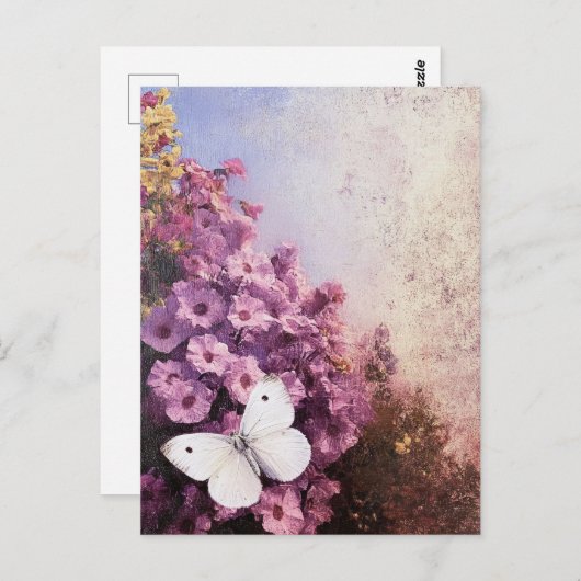 白い蝶の紫の花の印象派 ポストカード (正面/裏面)