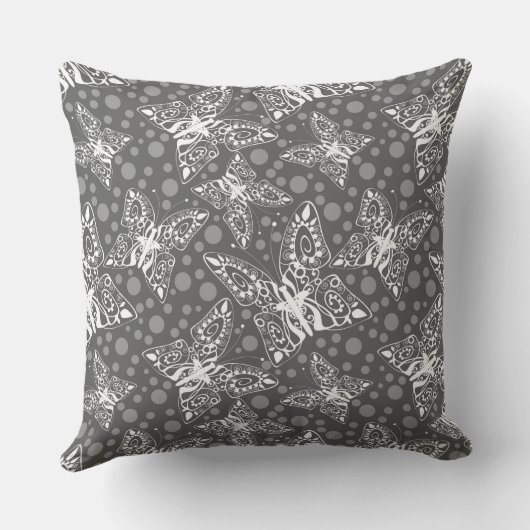 白い蝶を灰色の水玉模様に結ぶ クッション (裏面)