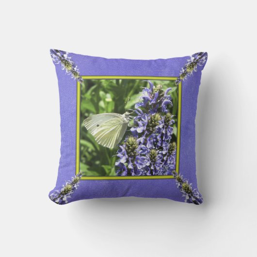 白い蝶ラベンダーの花 クッション (正面)