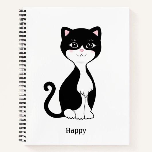 白い螺旋綴じノートに描かれたかわいいタキシード猫 ノートブック (正面)