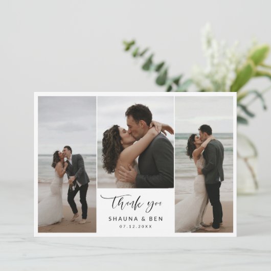 白い裏地3枚フォトコラージュ結婚の感謝 サンキューカード (スタンド正面)