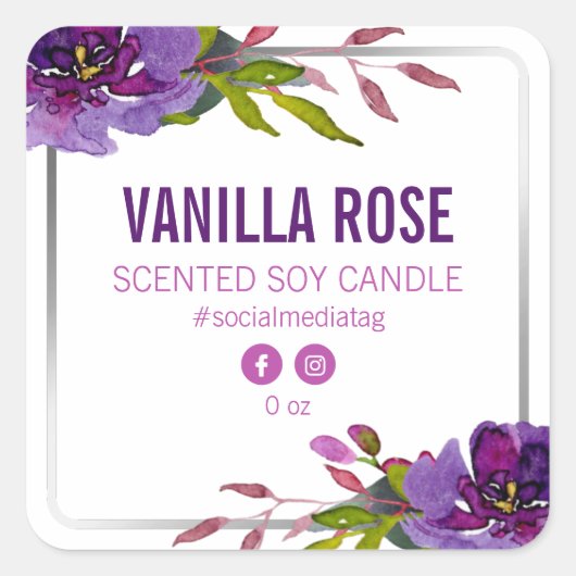 白い製品ラベルの紫色の花 スクエアシール (正面)