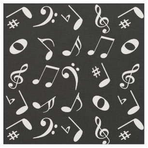 白い角度の付いた音符のパターン(黒) ファブリック