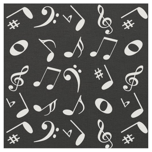 白い角度の付いた音符のパターン（黒） ファブリック (クローズアップ)