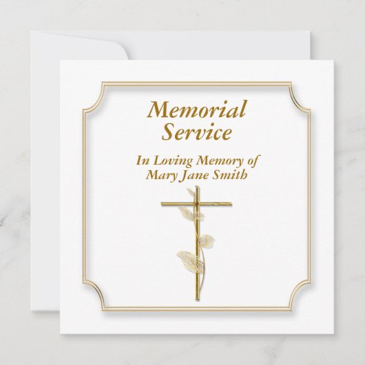 白い記念碑に金のクロスフレーム 招待状 (正面)