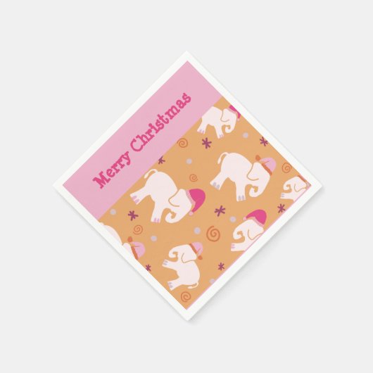 白い象の模様ピンクとオレンジのクリスマス スタンダードカクテルナプキン (角)