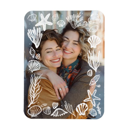 白い貝のフレームのカスタムフォト マグネット (縦)