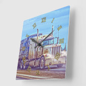 白い貨物トラック-貨物自動車およびハイウェーの芸術 スクエア壁時計 (傾斜)