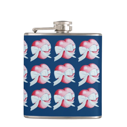 白い赤いハートの弓で結ばれた2つのリボン フラスク (正面)