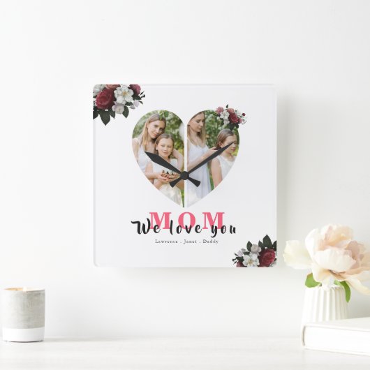 白い赤いフローラのハート型のプレゼント スクエア壁時計 (ホーム)