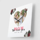 白い赤いフローラのハート型のプレゼント スクエア壁時計 (傾斜)