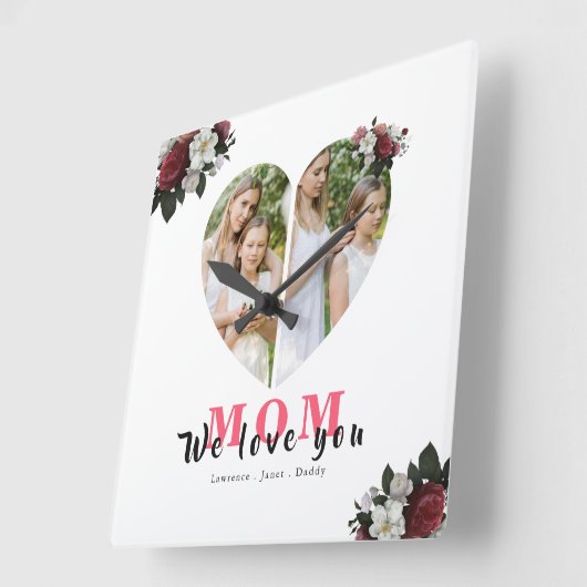 白い赤いフローラのハート型のプレゼント スクエア壁時計 (傾斜)