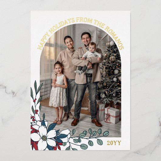 白い赤い花のアーチの写真　ハッピーホリデー 箔シーズンカード (正面)