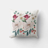 白い赤い花の花束 緑の葉 赤い実のギフト クッション (正面)
