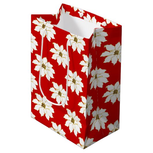 白い赤い金ゴールドポインセチア模様 ミディアムペーパーバッグ (正面アングル)