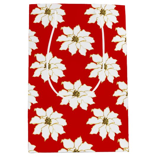 白い赤い金ゴールドポインセチア模様 ミディアムペーパーバッグ (正面)