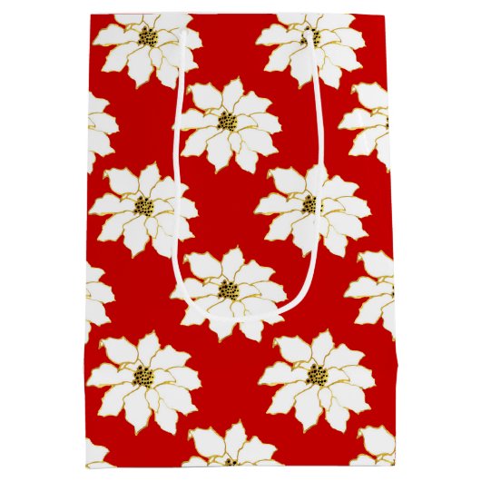 白い赤い金ゴールドポインセチア模様 ミディアムペーパーバッグ (裏面)