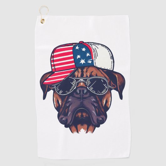 白い赤い青を着たボクサー犬 ゴルフタオル (正面)