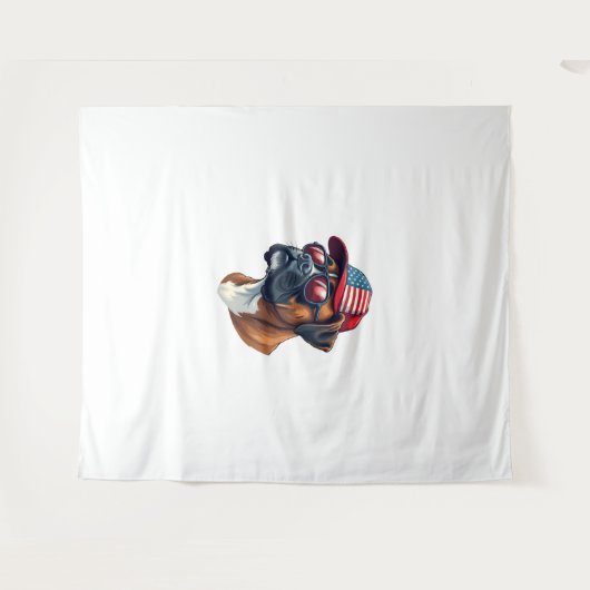 白い赤い青を着たボクサー犬 タペストリー (正面(横))