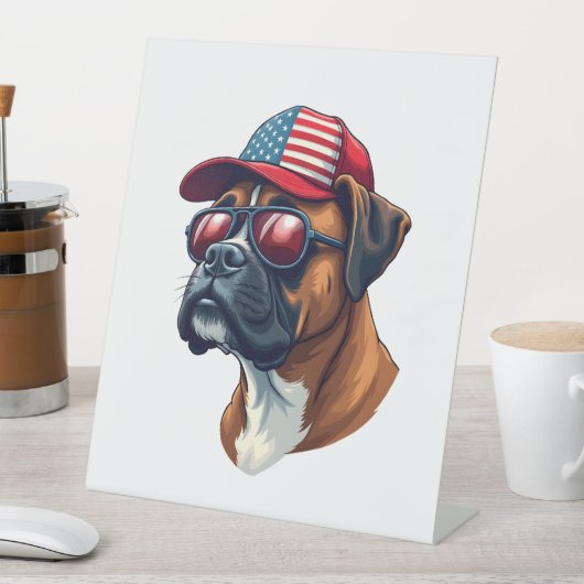 白い赤い青を着たボクサー犬 台座サイン (インサイチュ)