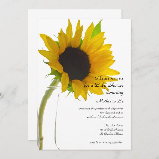 白い赤ちゃんシャワーに黄色のひまわり 招待状 (正面/裏面)