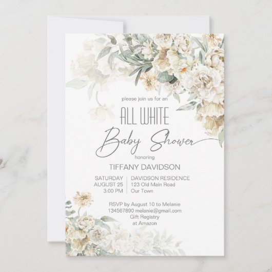 白い赤ちゃんシャワー銀白フローラ 招待状 (正面)