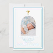 白い赤ちゃん青い写真のアーチ少年バプテスマ 招待状 (正面)