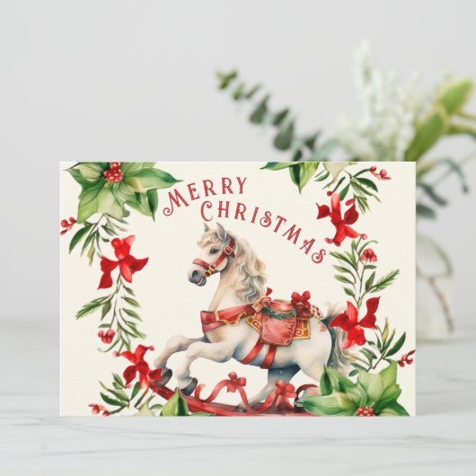 白い赤ロッキングホースヴィンテージクリスマスカード シーズンカード (スタンド正面)
