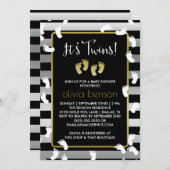 白い足跡シルバー&金ゴールドツインズベビーシャワー 招待状 (正面/裏面)