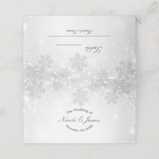 白い輝く雪の結晶の冬の結婚式の座席 プレイスカード (外部開封)