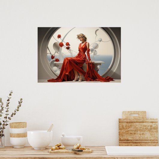白い部屋の赤いドレスを着た絵画婦人 ポスター (キッチン)