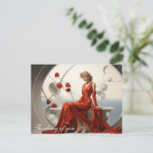 白い部屋の赤いドレスを着た絵画婦人 ポストカード (スタンド正面)