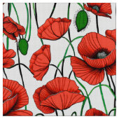 白い野に咲くケシの赤 ファブリック (クローズアップ)