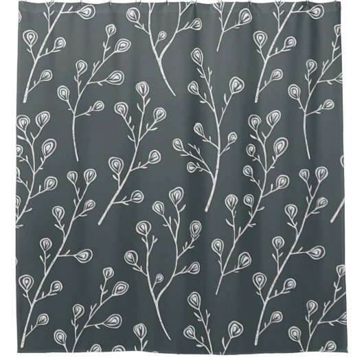 白い野生の花模様 シャワーカーテン (正面)