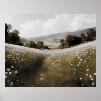 白い野絵画草牧草地ヴィンテージ ポスター