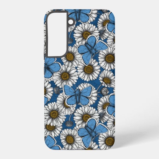 白い野花のデイジーと青い蝶々 SAMSUNG GALAXYケース (裏面)