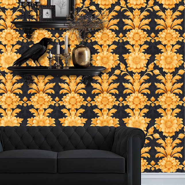 白い金ゴールドの花を黒に 壁紙 (Whimsigoth Yellow Floral Damask on Black wallpaper behind a black couch.)