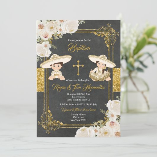 白い金ゴールドの花メキシコバプテスマフィエスタツイン 招待状 (スタンド正面)