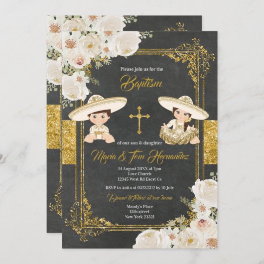 白い金ゴールドの花メキシコバプテスマフィエスタツイン    招待状 (正面/裏面)