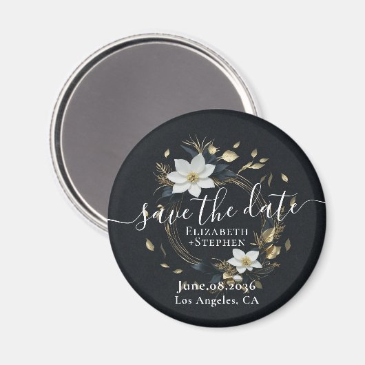 白い金ゴールドフローラリース結婚式の日付を保存 マグネット (正面/裏面)