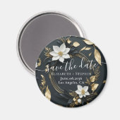 白い金ゴールドフローラリース結婚式の日付を保存 マグネット (正面/裏面)