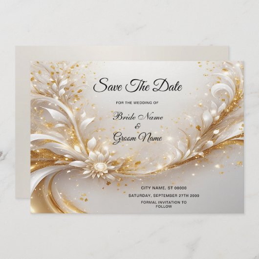 白い金ゴールドフローラ日付の保存 セーブザデート (正面/裏面)