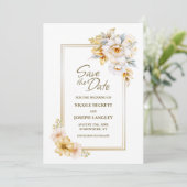 白い金ゴールドフローラ結婚式の日付の保存 セーブザデート (スタンド正面)