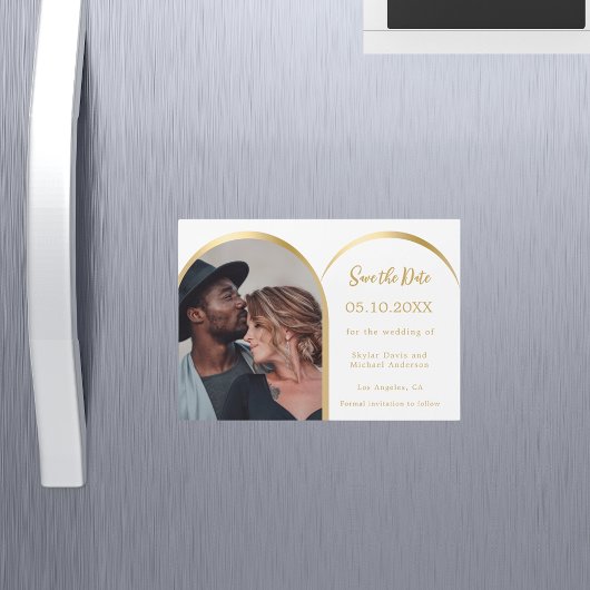 白い金ゴールド写真のアーチ結婚式日付カードを保存 マグネット招待状