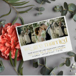 白い金ゴールド写真We are 結婚した Post Wedding Party 箔招待状ポストカード<br><div class="desc">タイポグラフィエレガント金ゴールドフォイル後結婚式パーティー招待葉書パーソナライズされたと3つの写真と金ゴールドフォイルの新しい共有結婚名。黒と金ゴールドの結婚ポストのお祝い招待はがき非公式でエレガントな結婚式の披露宴招待状のための3枚の写真と金ゴールドフォイルの詳細を暗い背景に対して。ポストエロペメントパーティの招待状金ゴールドフォイル文字とあなたの写真とハガキ結婚型枠で。</div>