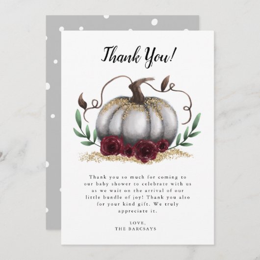 白い金ゴールド素朴の小さなカボチャのベビーシャワー サンキューカード (正面/裏面)