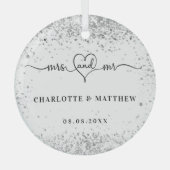 白い銀色の名前のミセスエレガント・ニュー結婚ス ガラスオーナメント (正面)