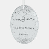 白い銀色の名前のミセスエレガント・ニュー結婚ス ガラスオーナメント (正面左)